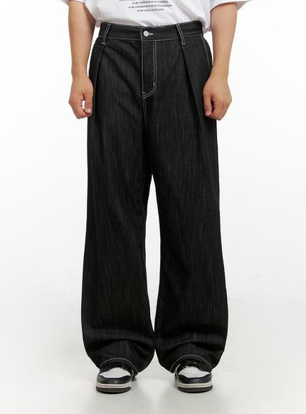 mens-stitched-pintuck-wide-leg-pants-ig409 / Black