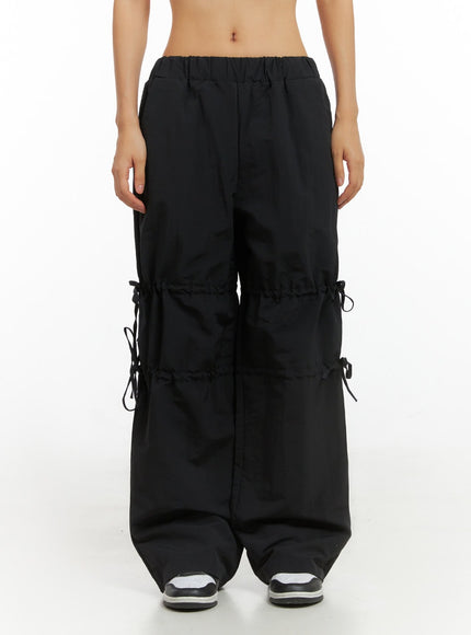 shirred-ribbon-banded-wide-leg-pants-is402 / Black