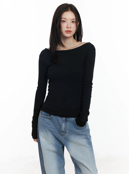 basic-boat-neck-long-sleeve-top-if520 / Black
