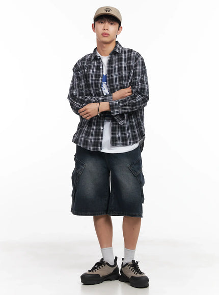mens-loose-fit-flannel-shirt-iu519 / Black