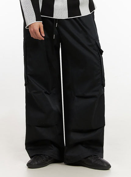 Men's Pintuck Wide-Leg Cargo Pants (Black) IF521