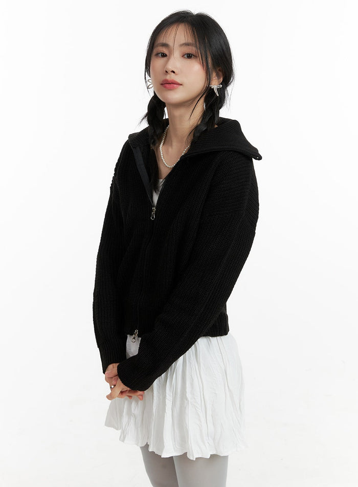 solid-knit-hoodie-zipper-cardigan-om408 / Black
