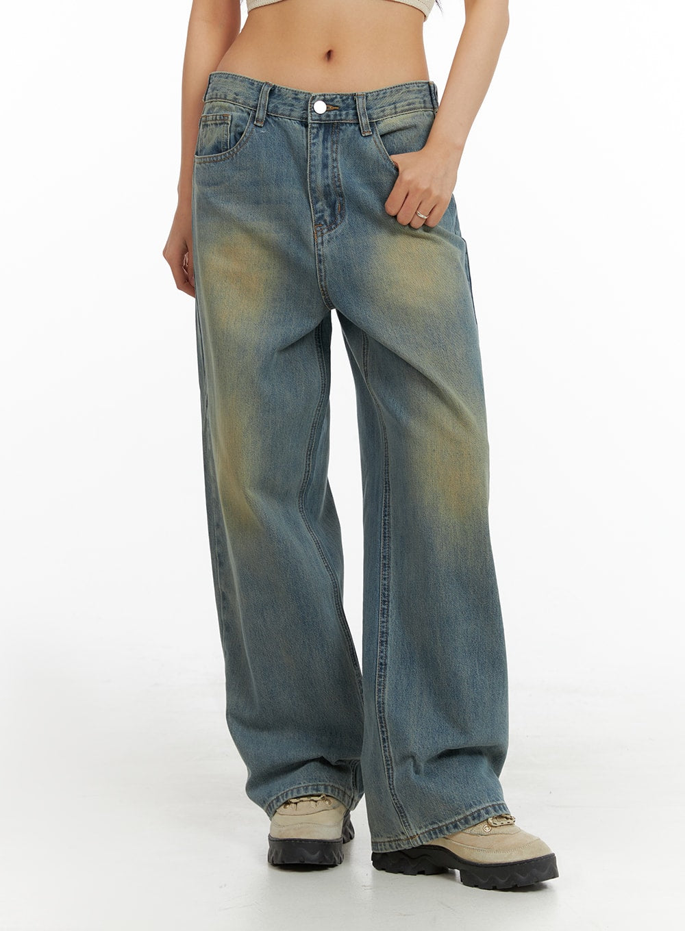 washed-denim-wide-leg-jeans-ia417 / Blue