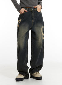 heart-bleached-wide-leg-jeans-in308 / Dark blue