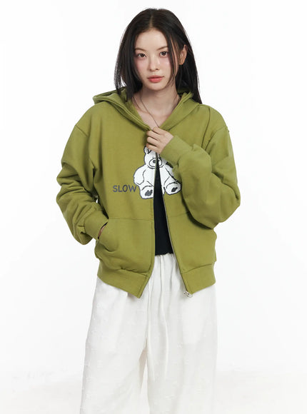 teddy-bear-graphic-two-way-zip-up-hoodie-if525 / Dark green
