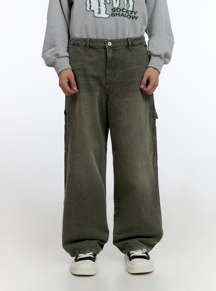 mens-patched-pocket-faded-wide-fit-jeans-io428 / Dark green