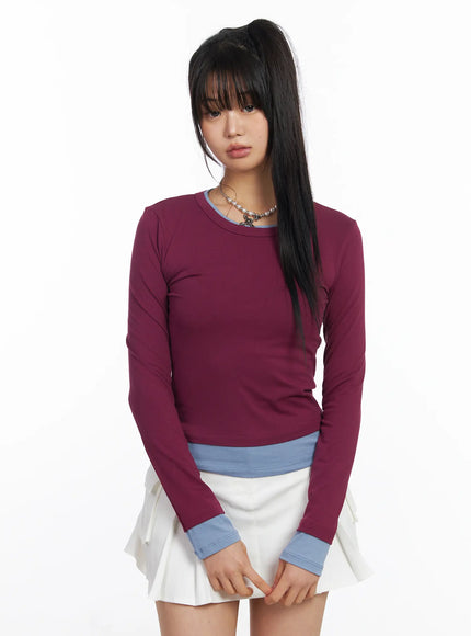 slim-fit-two-tone-long-sleeve-top-cf506-1 / Dark pink