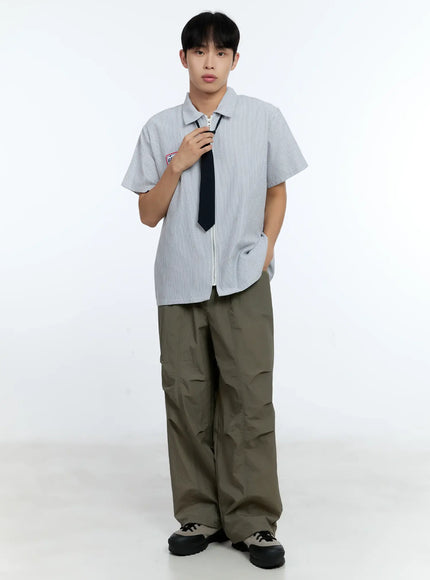 mens-pinstripe-short-sleeve-zip-shirt-ig519 / Gray
