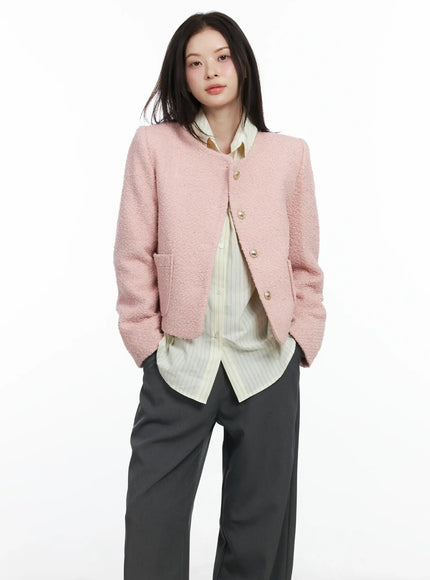 round-neck-buttoned-tweed-jacket-if520 / Light pink