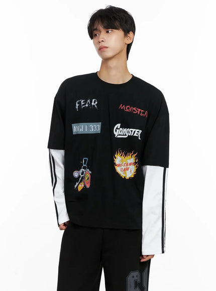 mens-graphic-layered-long-sleeve-top-io517 / Black