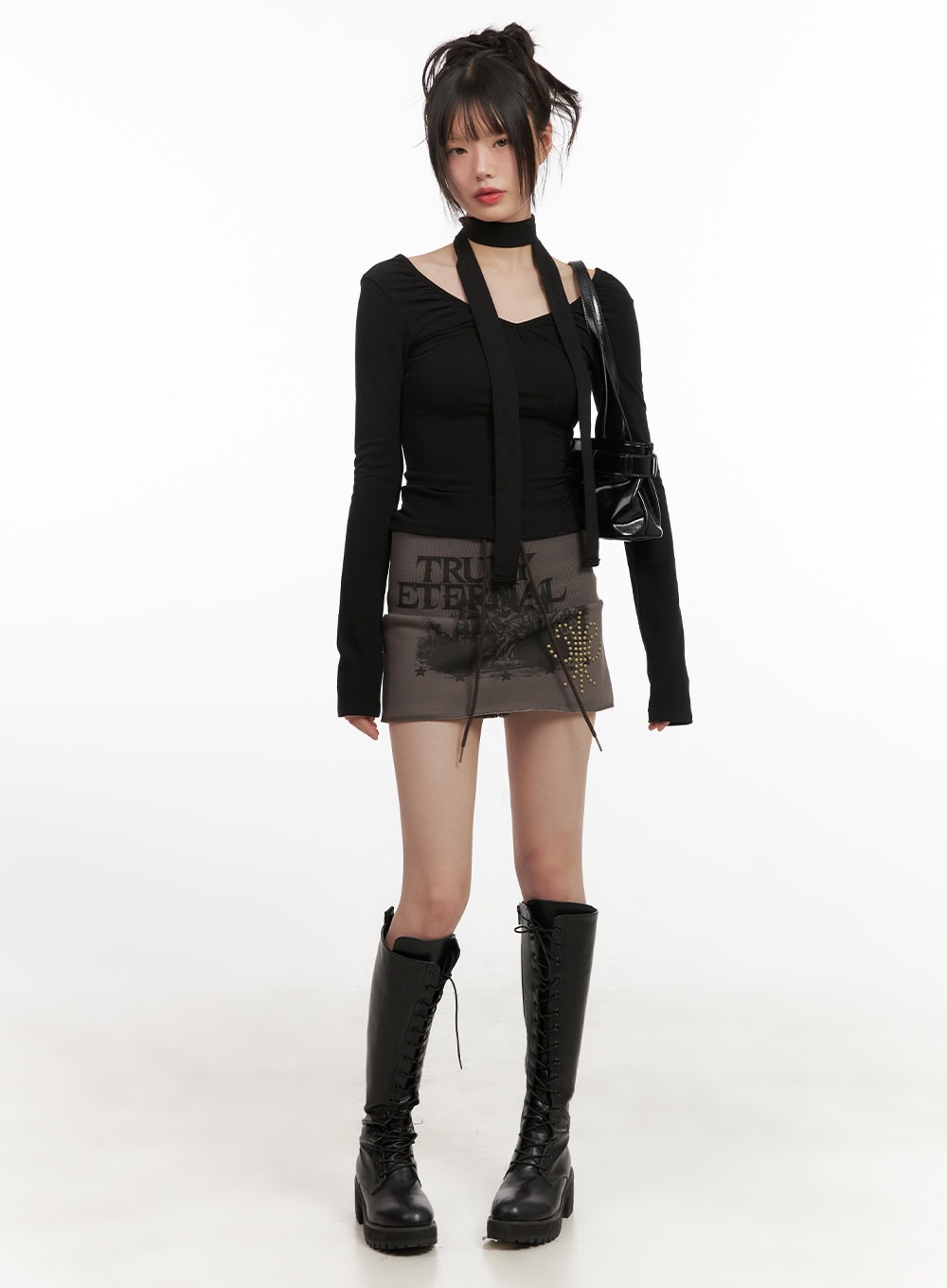 shirred-v-neck-long-sleeve-top-with-scarf-cj502