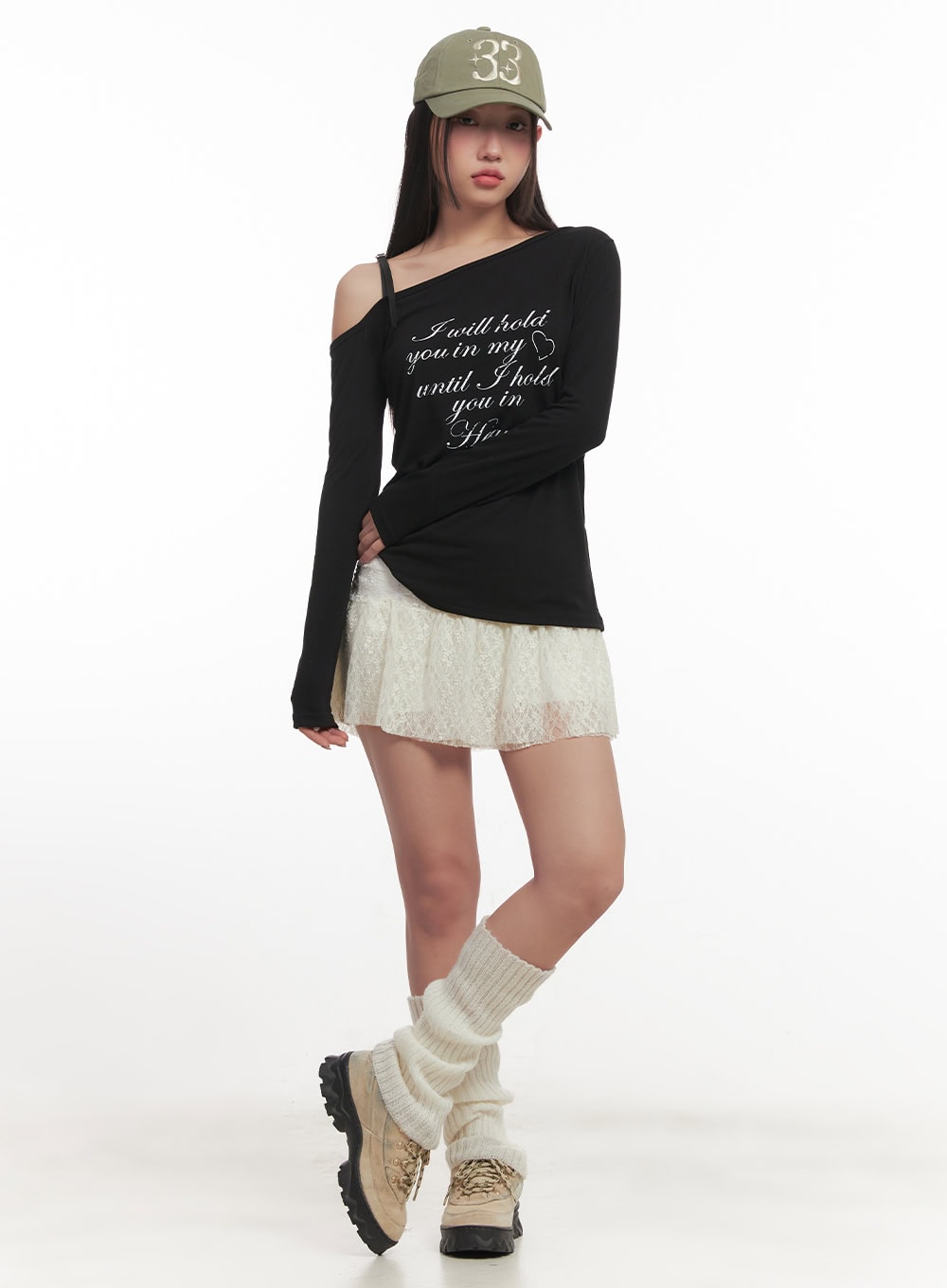 Letter Print One-Shoulder Long Sleeve Top CF524