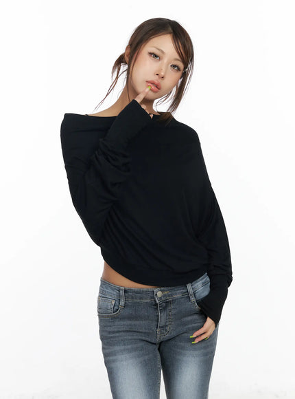 asymmetric-one-shoulder-long-sleeve-top-cf513 / Black