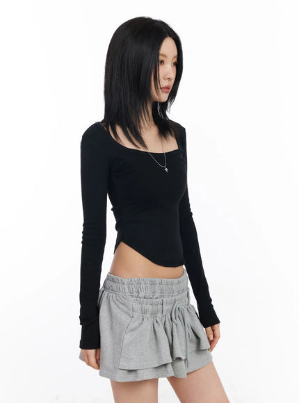 square-neck-long-sleeve-crop-top-cf526 / Black