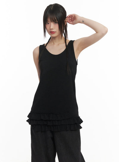 layered-ruffle-trim-tank-top-cf518 / Black