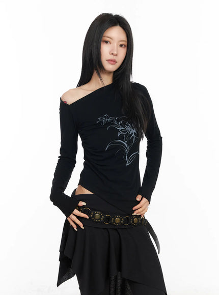 floral-off-shoulder-long-sleeve-top-cm516 / Black