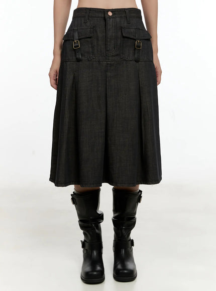buckle-pleated-denim-midi-skirt-cl531 / Black