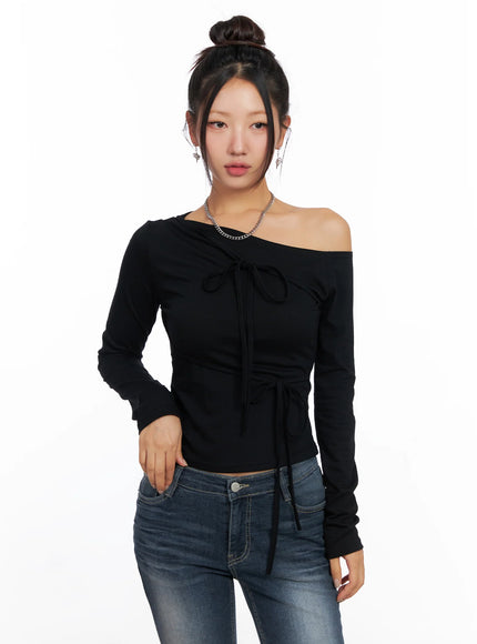 ribbon-one-shoulder-long-sleeve-top-co514 / Black