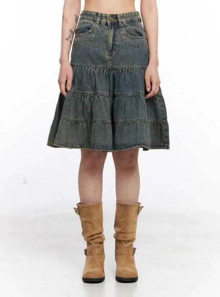 tiered-vintage-denim-midi-skirt-co507 / Blue