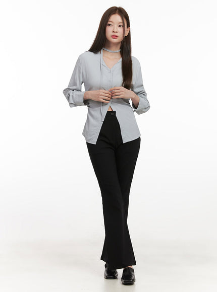 Slim-Fit Button-Down Blouse with Scarf IF505