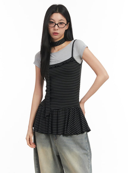 Frilled Stripe Sleeveless Dress & Scarf Set CM504