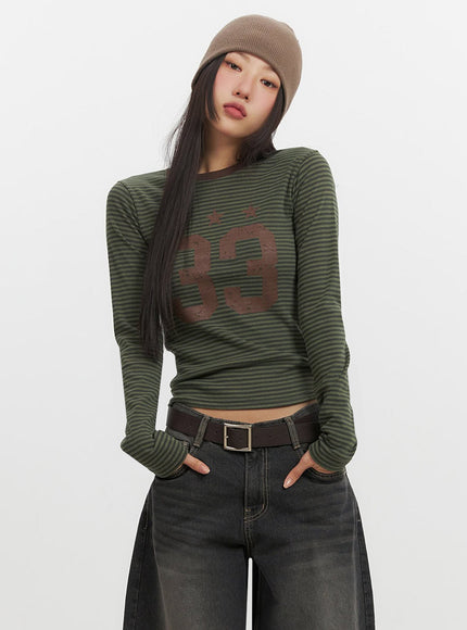 Slim-Fit Striped Long Sleeve Top with Graphic IF511