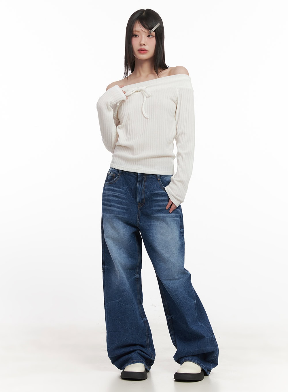 Ribbed Off-Shoulder Long-Sleeve Ribbon Top CJ524