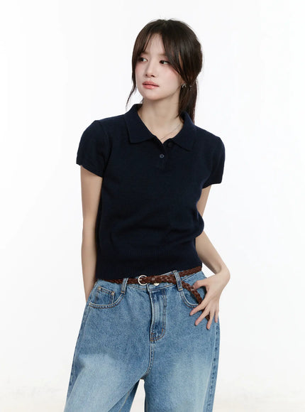 puff-sleeve-collared-short-sleeve-top-cm505 / Dark blue