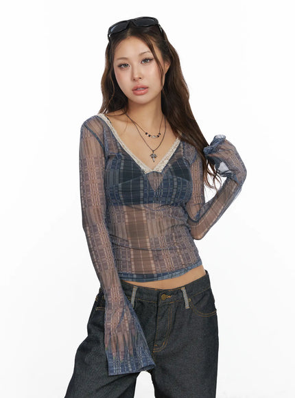 checkered-v-neck-long-sleeve-top-cf512 / Dark blue