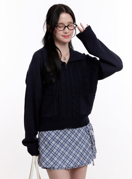 cable-knit-zip-up-cardigan-cm526 / Dark blue