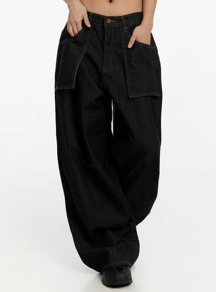 momo-non-fade-pocket-wide-jeans-cn527 / Dark blue