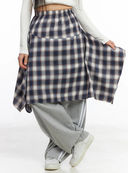 asymmetric-plaid-midi-skirt-cf506-1 / Dark blue