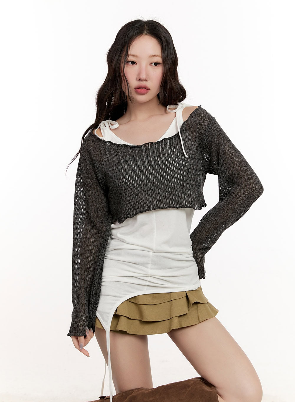 Sheer Knit Long-Sleeve Crop Top CM510