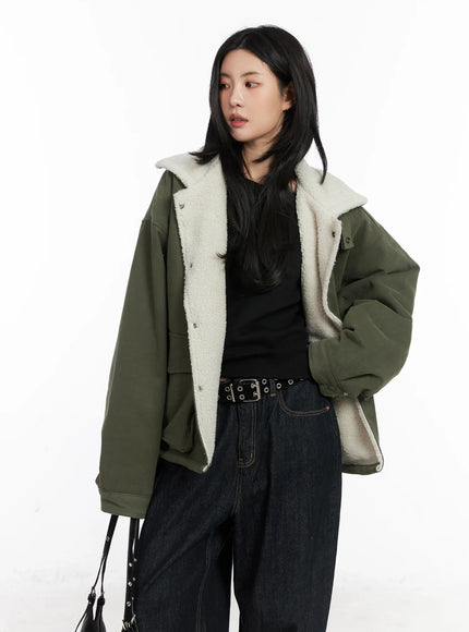 oversized-button-fleece-jacket-cd508 / Dark green