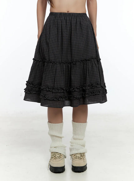 gingham-ruffle-layered-midi-skirt-cs517 / Gingham Ruffle Layered Midi Skirt CS517
