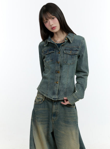 Slim-Fit Denim Buttoned Crop Jacket CF506