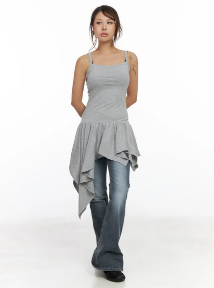 asymmetric-ruffled-edge-sleeveless-mini-dress-cf513 / Gray