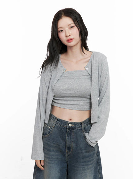 layered-crop-cardigan-set-cn504 / Gray