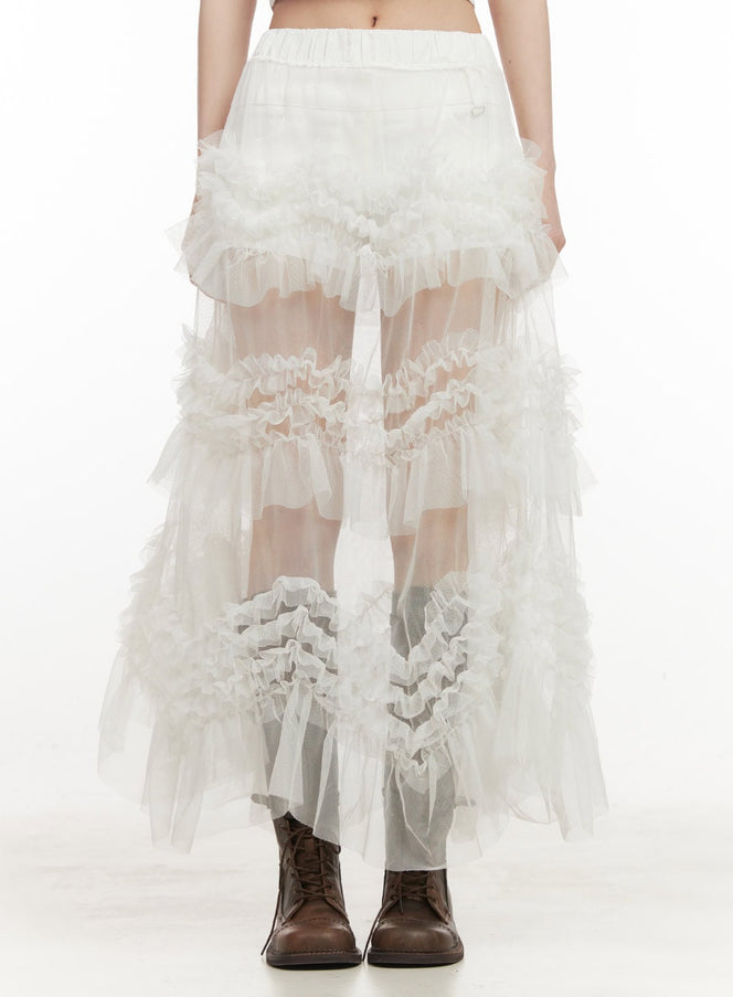 frill-layered-sheer-lace-maxi-skirt-cf513 / White