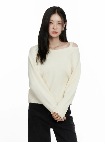 oversized-off-shoulder-knit-sweater-f502 / Light beige