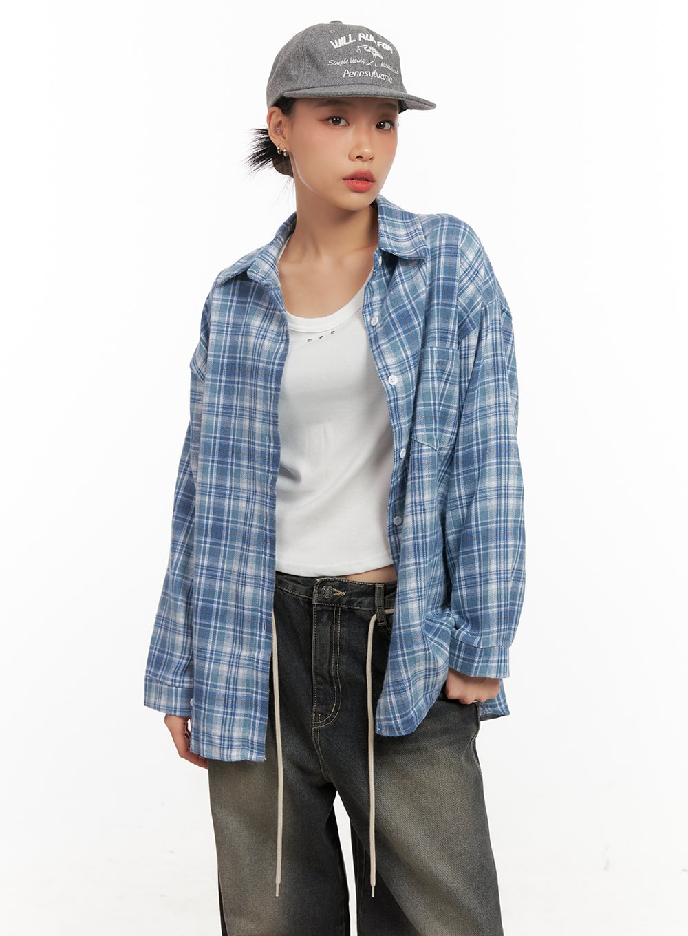 checkered-collared-button-up-blouse-cd410 / Light blue
