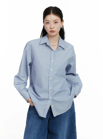 relaxed-fit-striped-button-up-shirt-f502 / Blue
