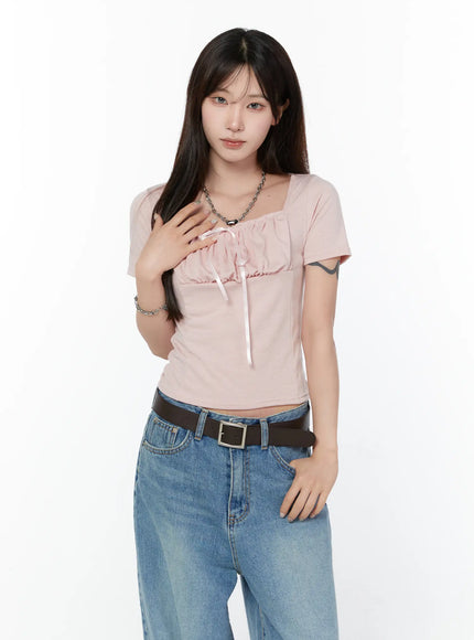 ruffled-ribbon-short-sleeve-top-cy514 / Light pink