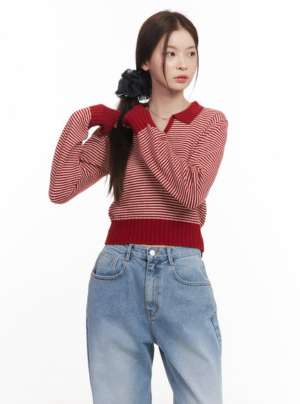 Cashmere-Blend Collared Stripe Crop Sweater CM512