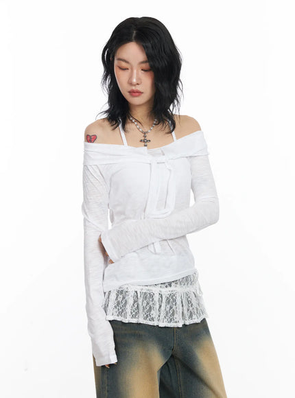 sheer-ribbon-off-shoulder-long-sleeve-top-cj522 / White