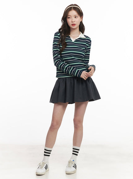 Striped Long-Sleeve Collared Top CM511