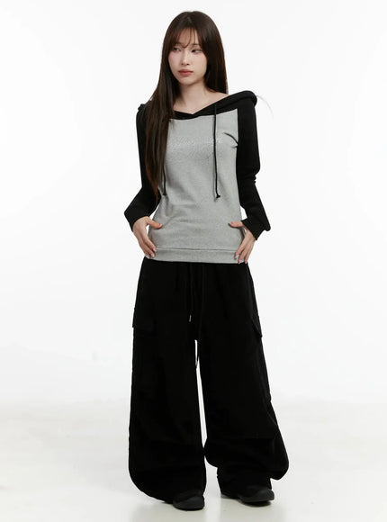 Off-Shoulder Hooded Lettering Top IJ521