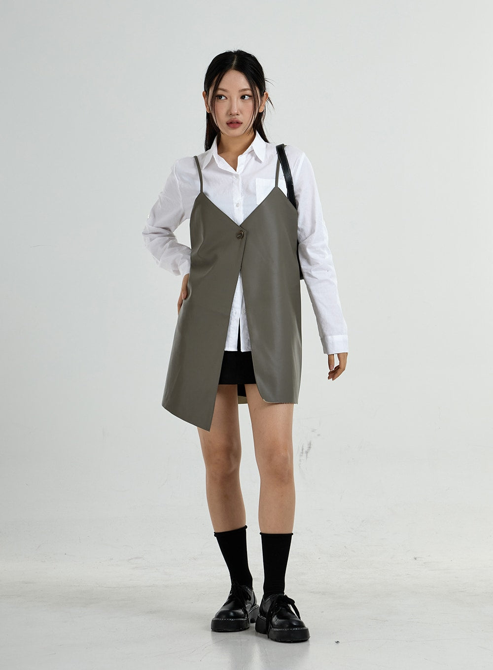 One Button Layered Faux Leather Dress CO24