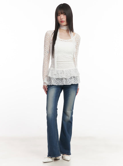 Lace Frill Slim-Fit Long Sleeve Top & Scarf Set CM519