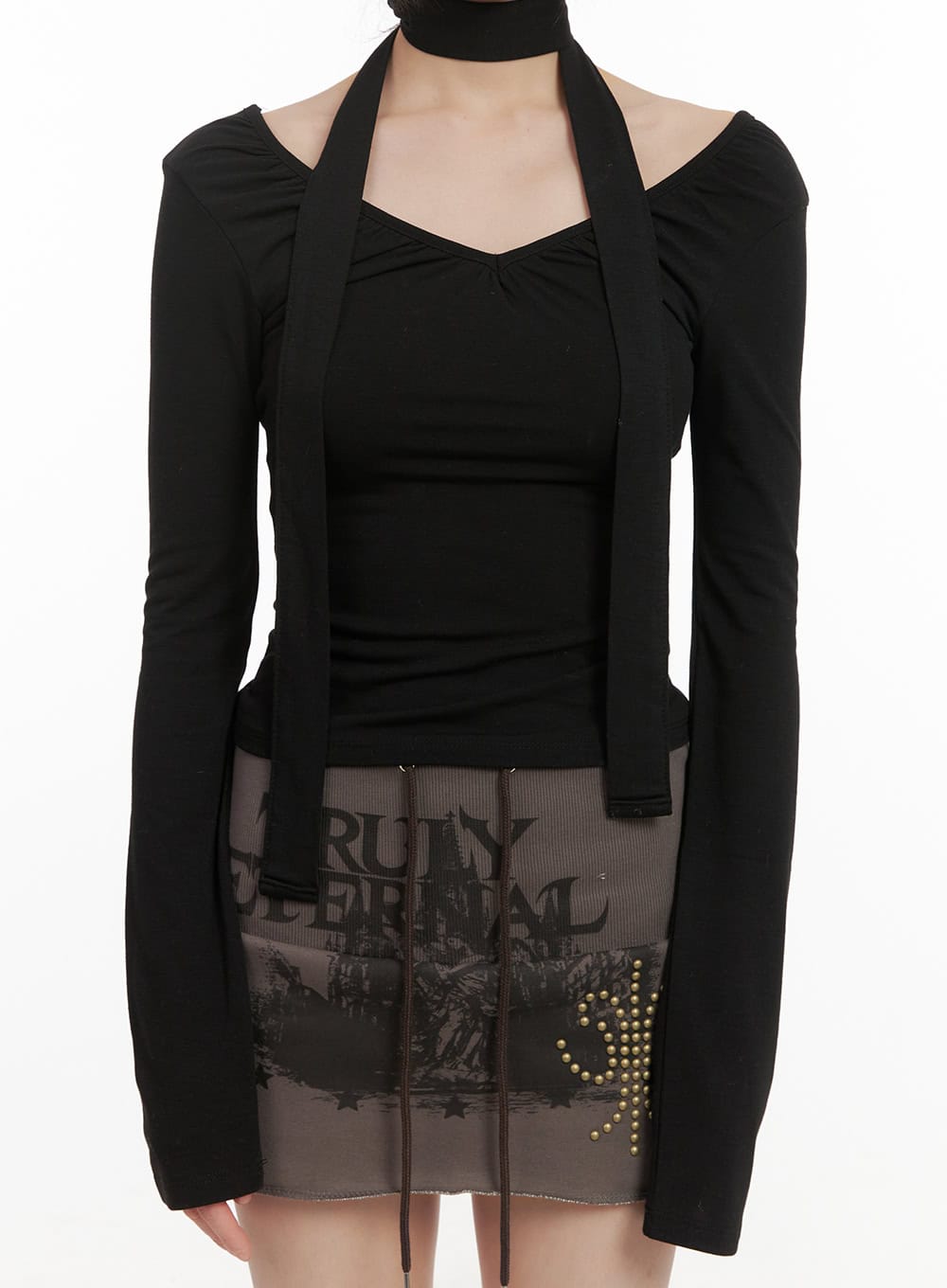 shirred-v-neck-long-sleeve-top-with-scarf-cj502